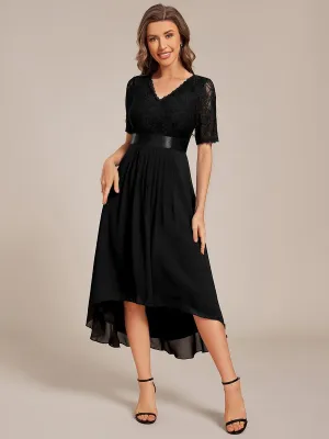 Half Sleeve Pleated V-Neck Lace Midi Wedding Guest Dress