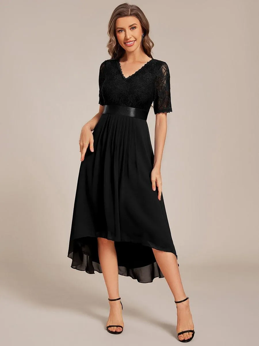 Half Sleeve Pleated V-Neck Lace Midi Wedding Guest Dress