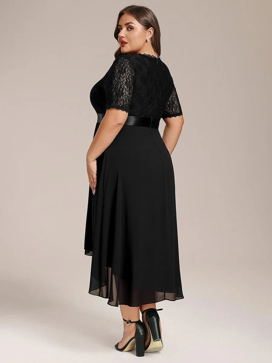 Half Sleeve Pleated V-Neck Lace Midi Wedding Guest Dress