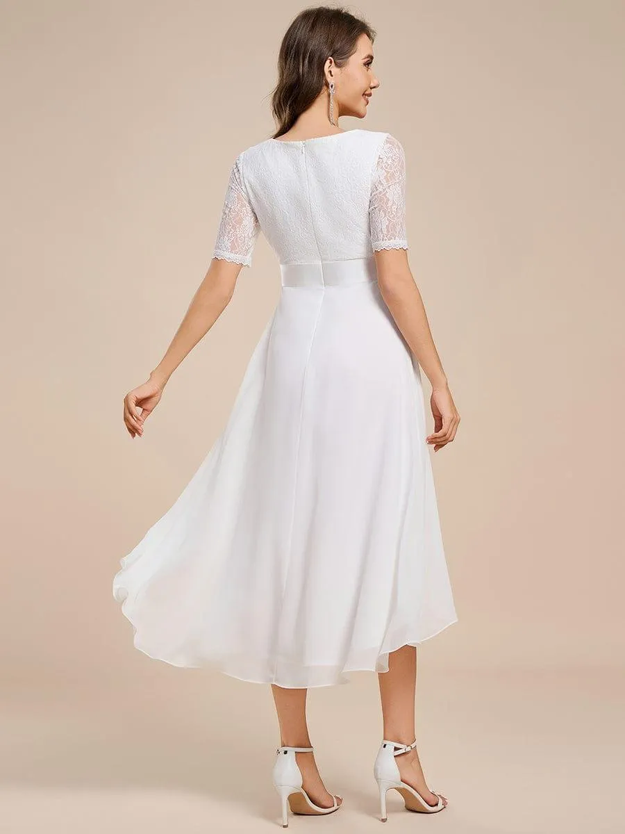 Half Sleeve Pleated V-Neck Lace Midi Wedding Guest Dress