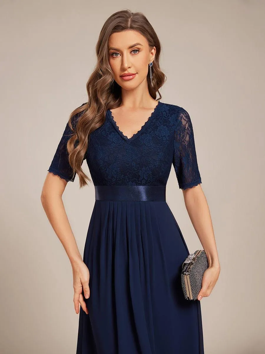 Half Sleeve Pleated V-Neck Lace Midi Wedding Guest Dress