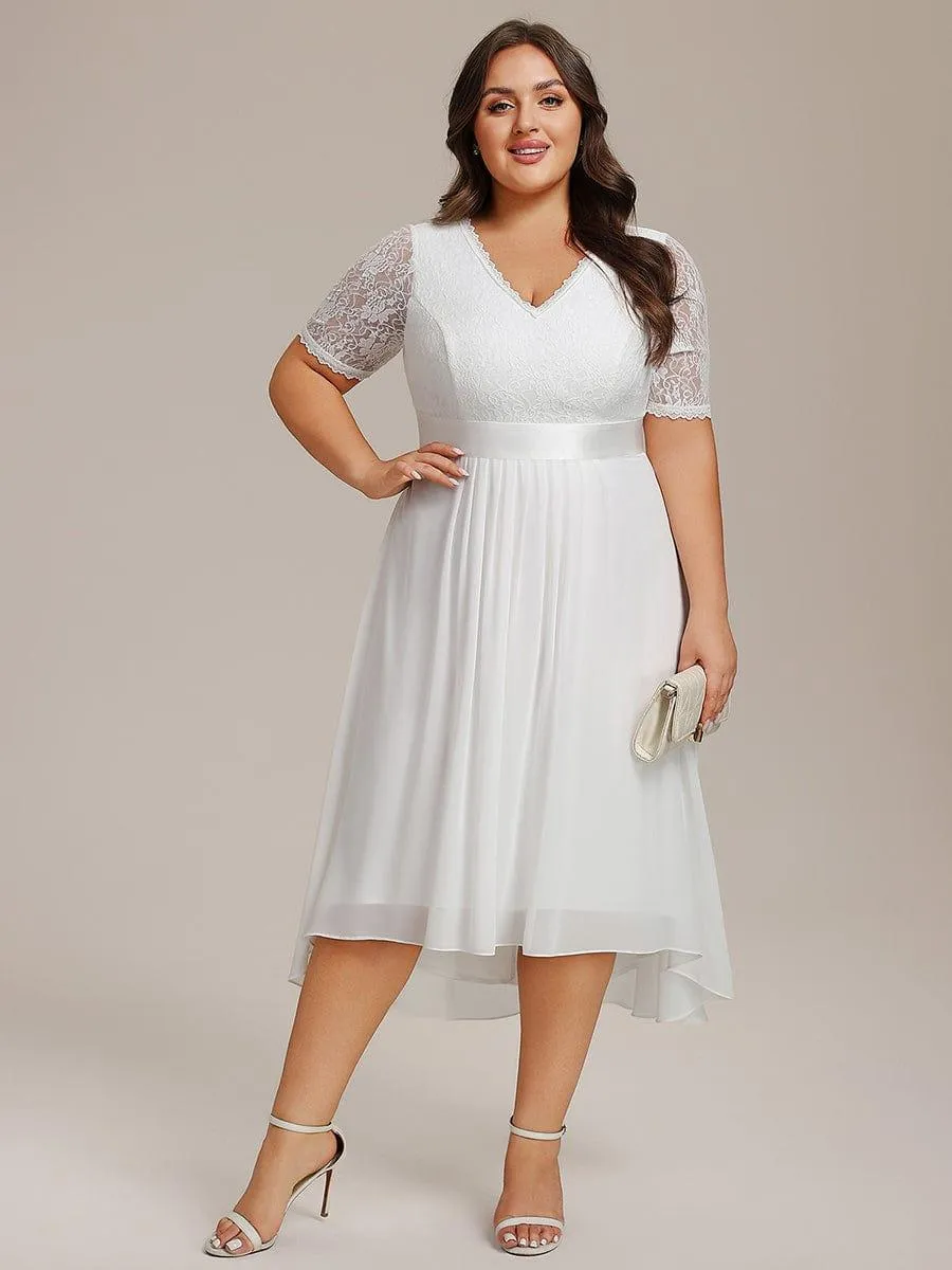 Half Sleeve Pleated V-Neck Lace Midi Wedding Guest Dress