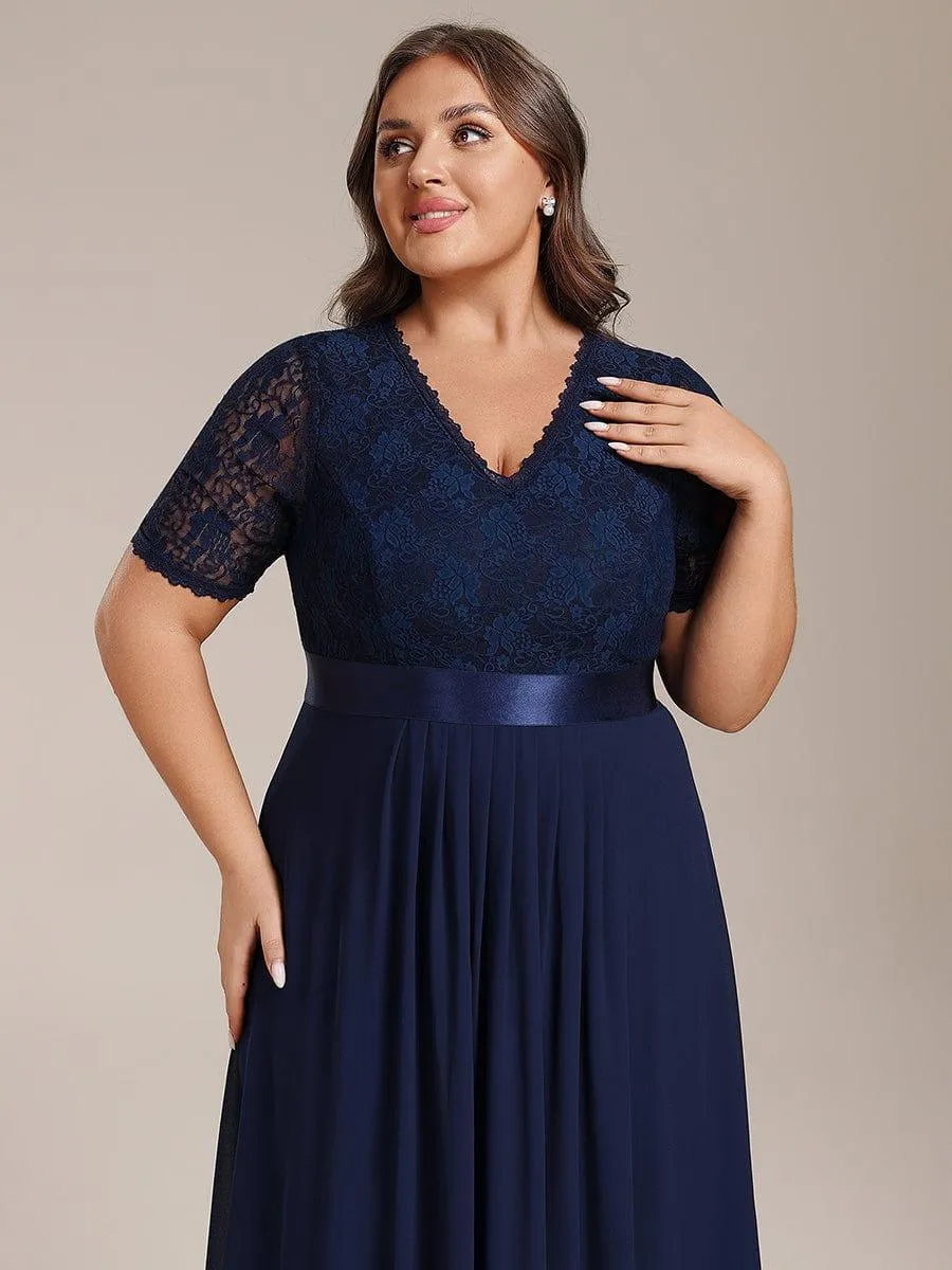 Half Sleeve Pleated V-Neck Lace Midi Wedding Guest Dress