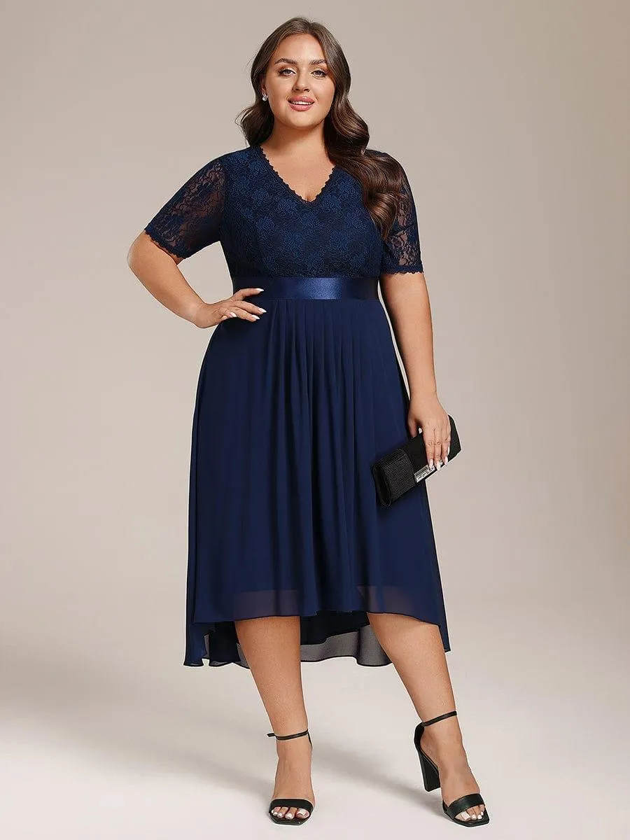 Half Sleeve Pleated V-Neck Lace Midi Wedding Guest Dress