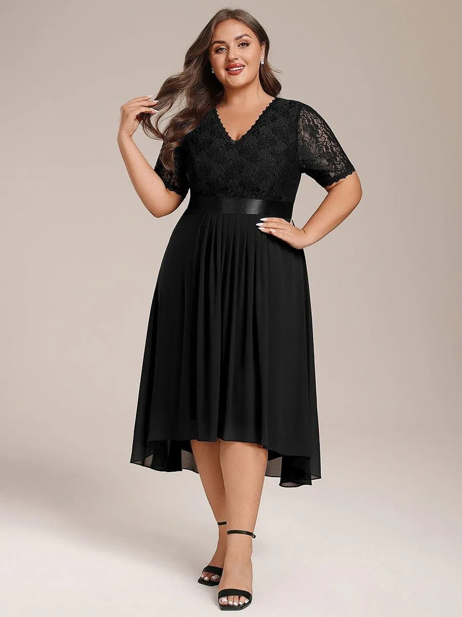 Half Sleeve Pleated V-Neck Lace Midi Wedding Guest Dress