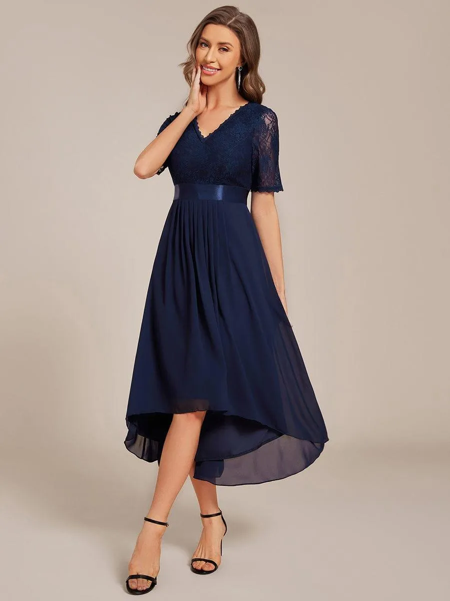 Half Sleeve Pleated V-Neck Lace Midi Wedding Guest Dress