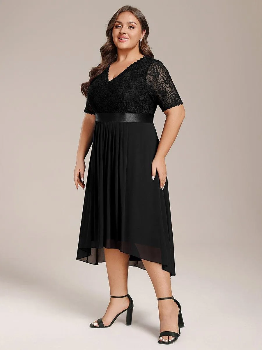 Half Sleeve Pleated V-Neck Lace Midi Wedding Guest Dress