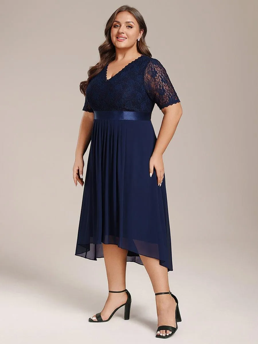 Half Sleeve Pleated V-Neck Lace Midi Wedding Guest Dress