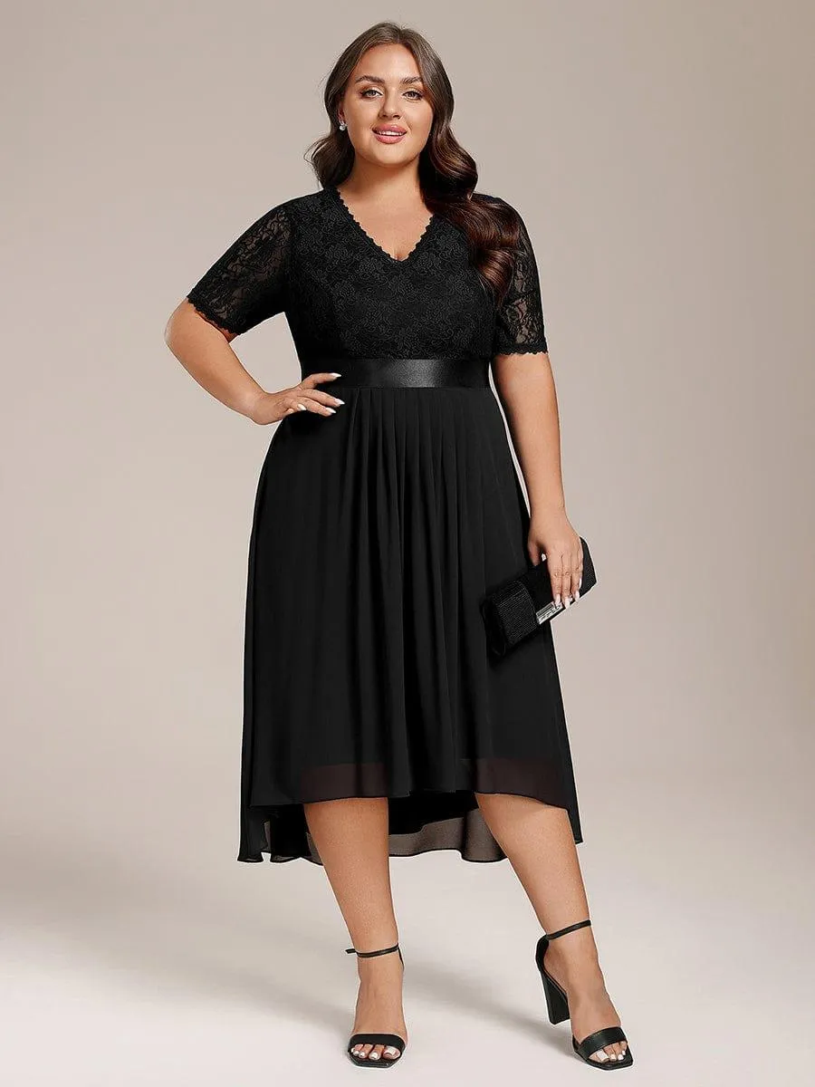 Half Sleeve Pleated V-Neck Lace Midi Wedding Guest Dress