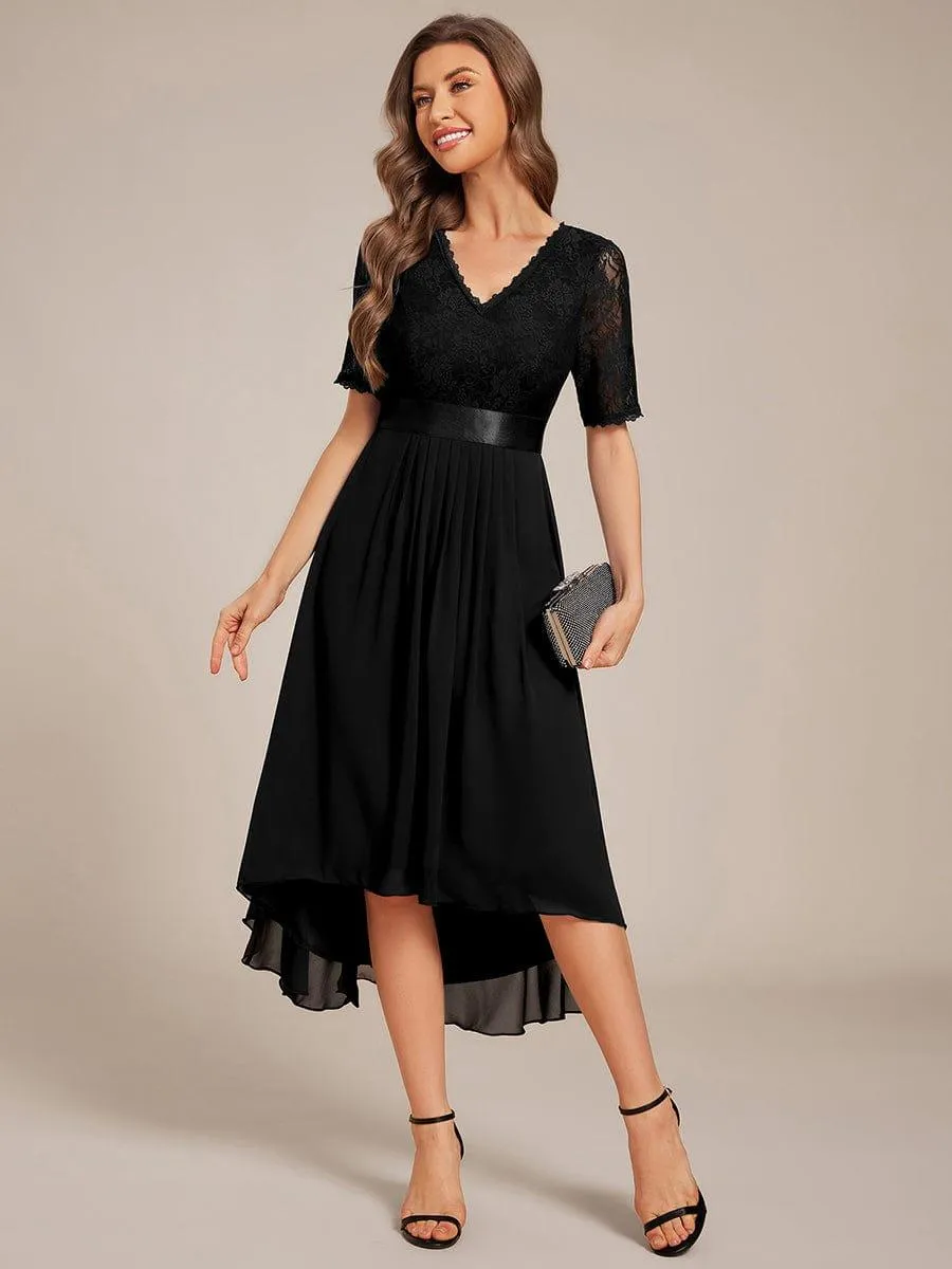 Half Sleeve Pleated V-Neck Lace Midi Wedding Guest Dress