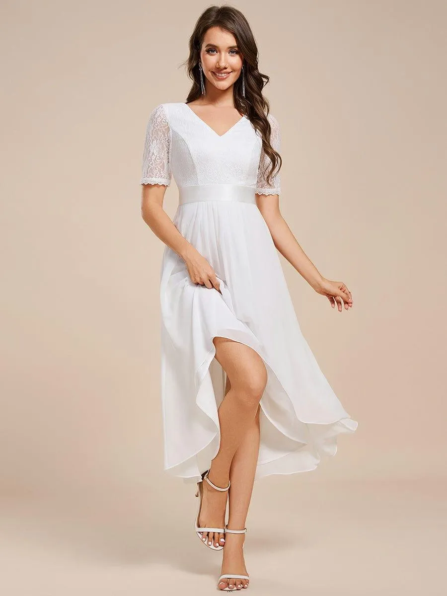Half Sleeve Pleated V-Neck Lace Midi Wedding Guest Dress