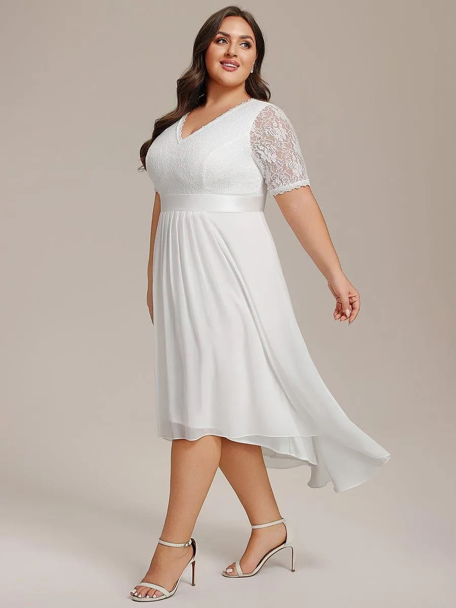 Half Sleeve Pleated V-Neck Lace Midi Wedding Guest Dress