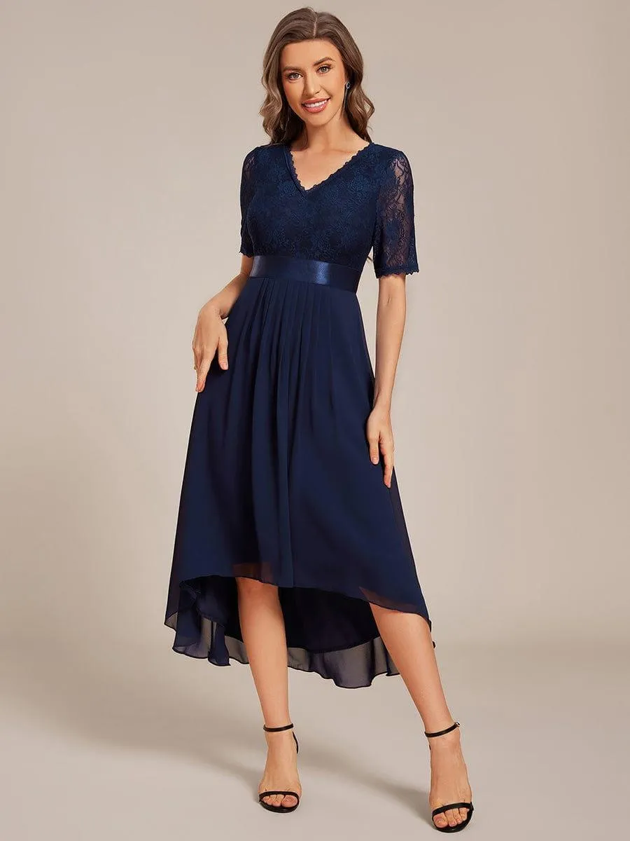 Half Sleeve Pleated V-Neck Lace Midi Wedding Guest Dress