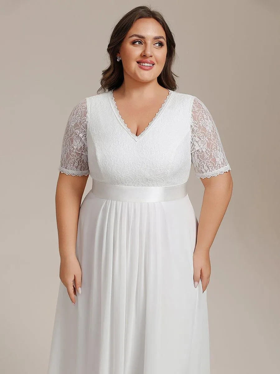 Half Sleeve Pleated V-Neck Lace Midi Wedding Guest Dress