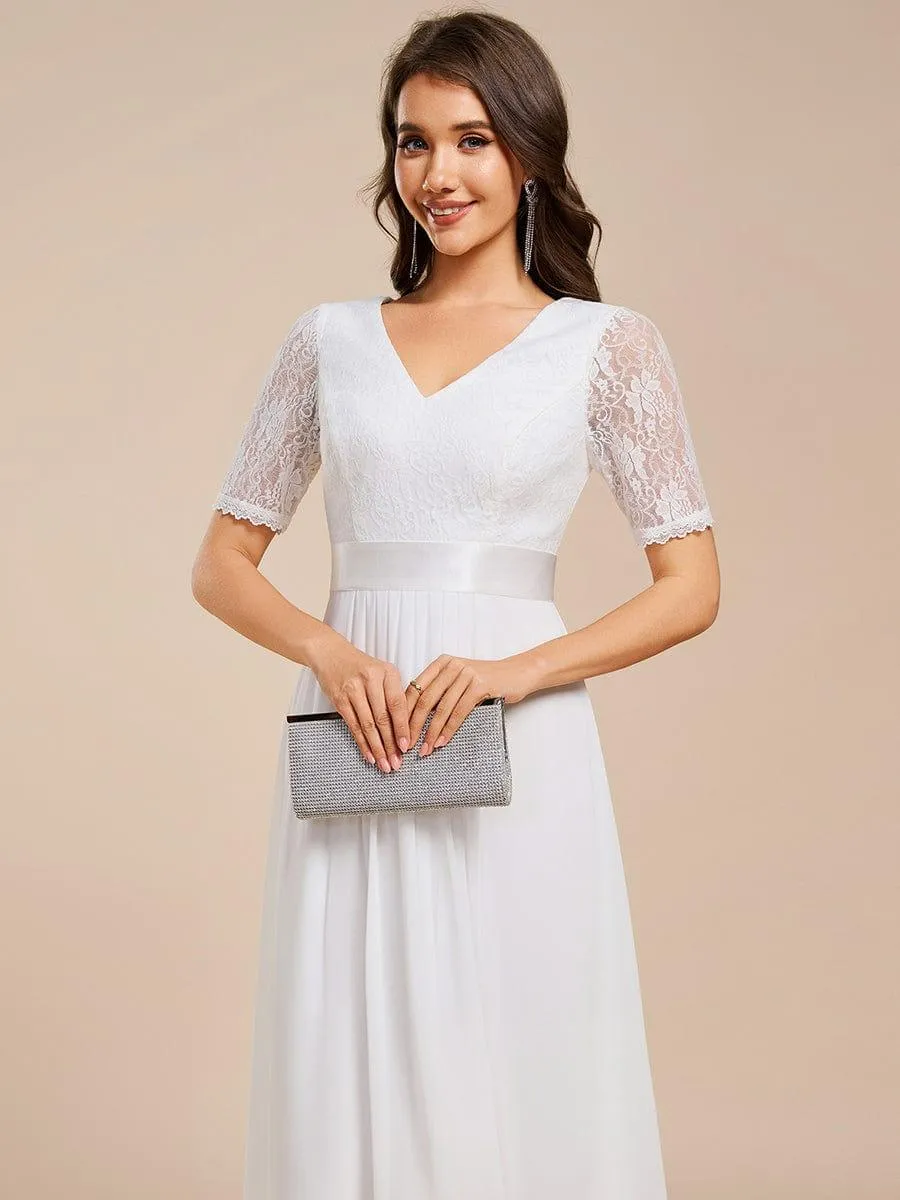 Half Sleeve Pleated V-Neck Lace Midi Wedding Guest Dress