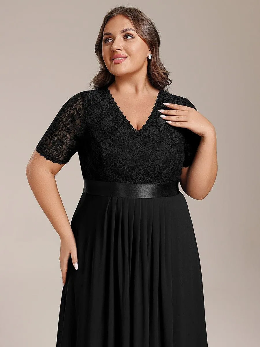 Half Sleeve Pleated V-Neck Lace Midi Wedding Guest Dress