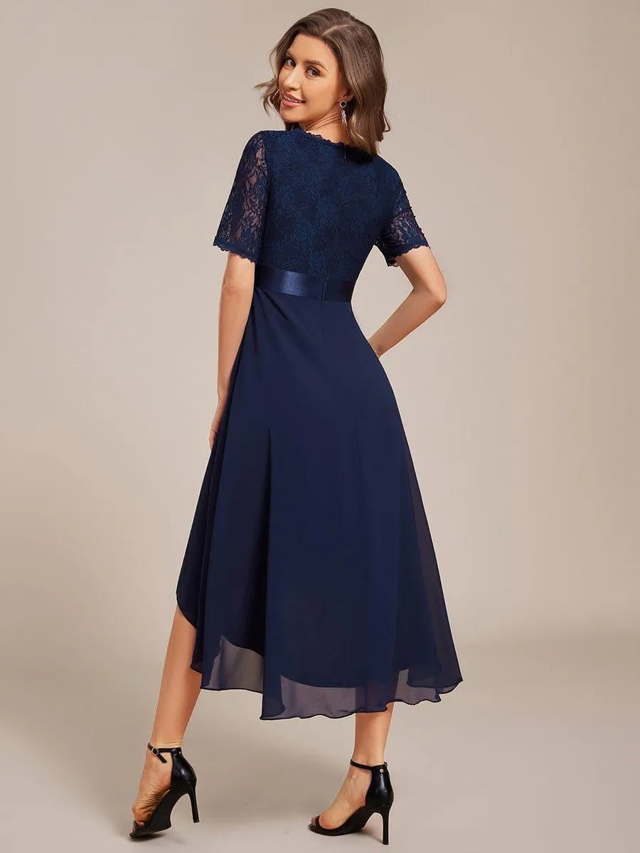 Half Sleeve Pleated V-Neck Lace Midi Wedding Guest Dress
