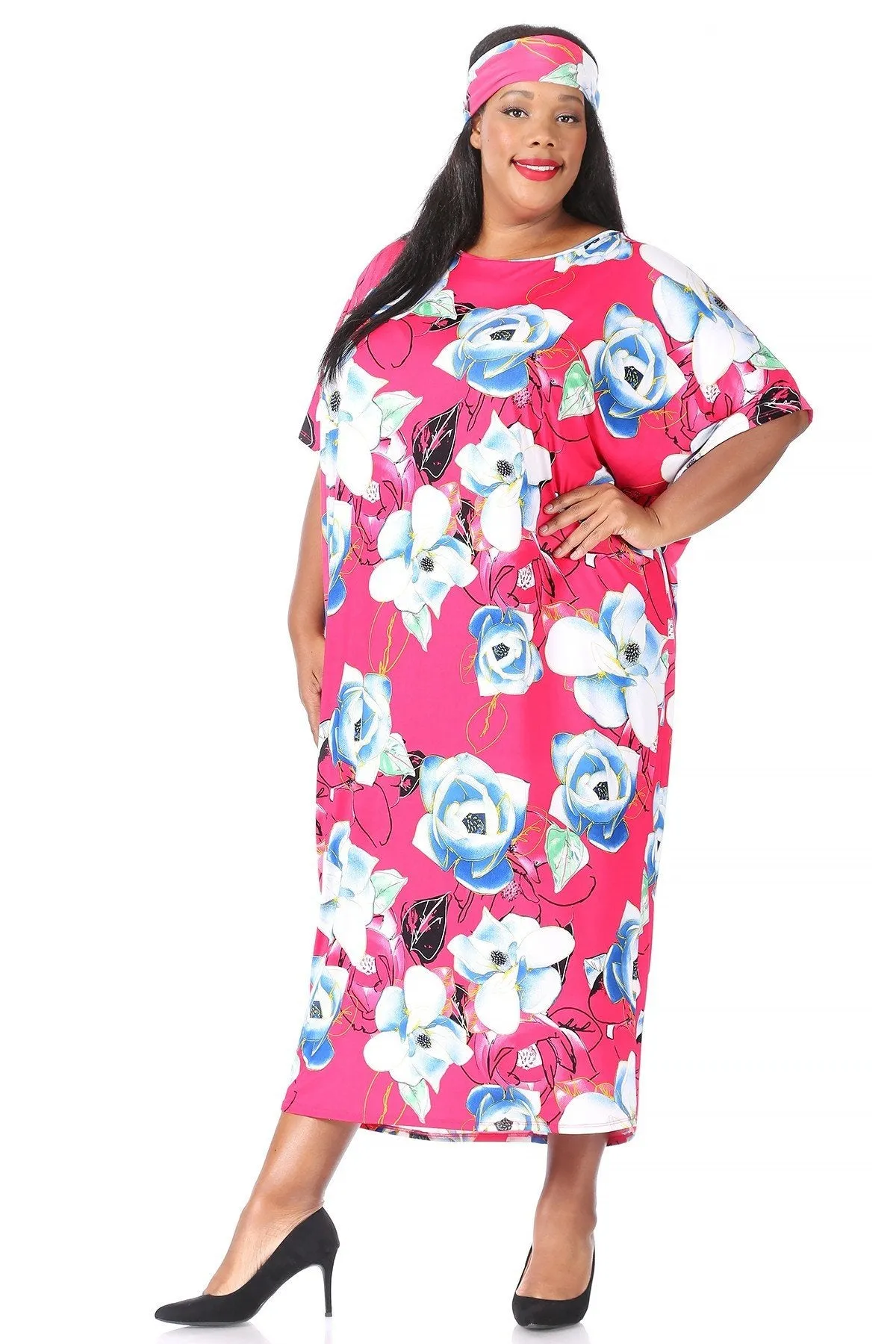 Hi Curvy Plus Size Women Flora Print Midi Shift Dress with Headscarf