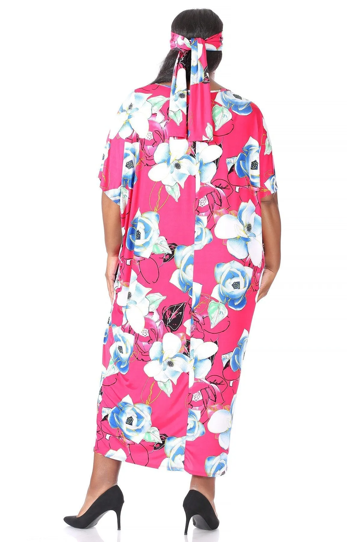 Hi Curvy Plus Size Women Flora Print Midi Shift Dress with Headscarf