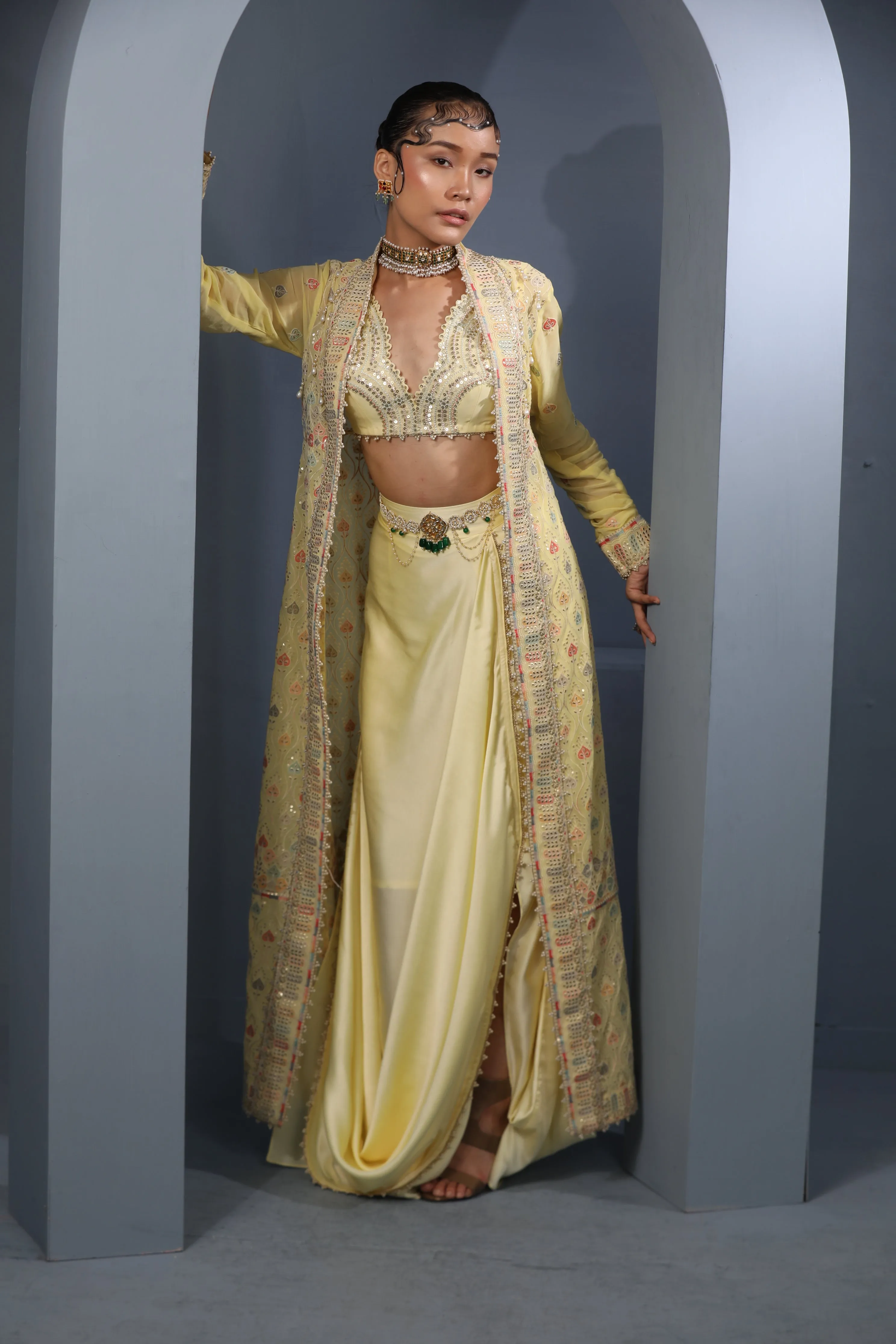 Iris Yellow Draped Cape-Skirt