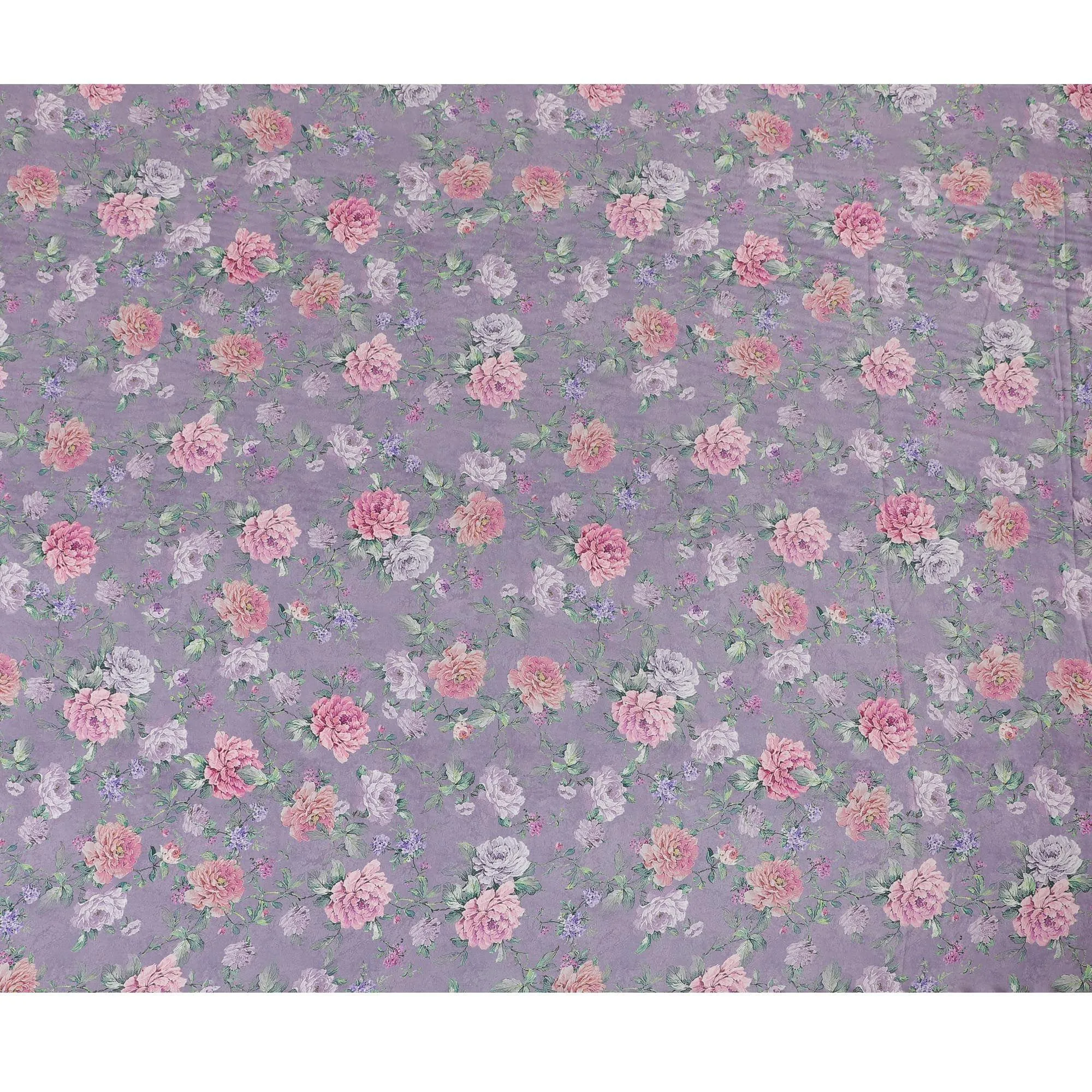 Lavender viscose crepe fabric with sage green, baby pink and light lilac print in floral design-D15651