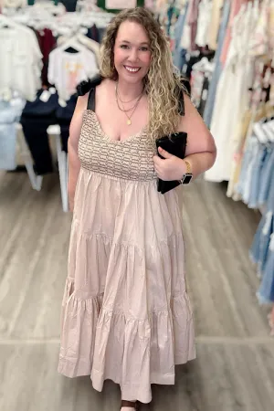 Lena - Tiered Maxi Dress with Ribbon Tie Straps - Mocha