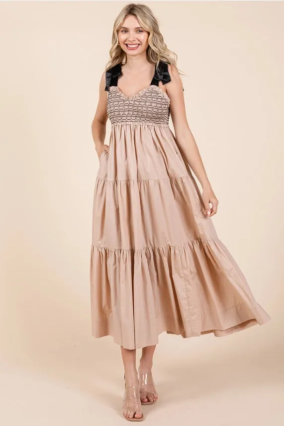Lena - Tiered Maxi Dress with Ribbon Tie Straps - Mocha