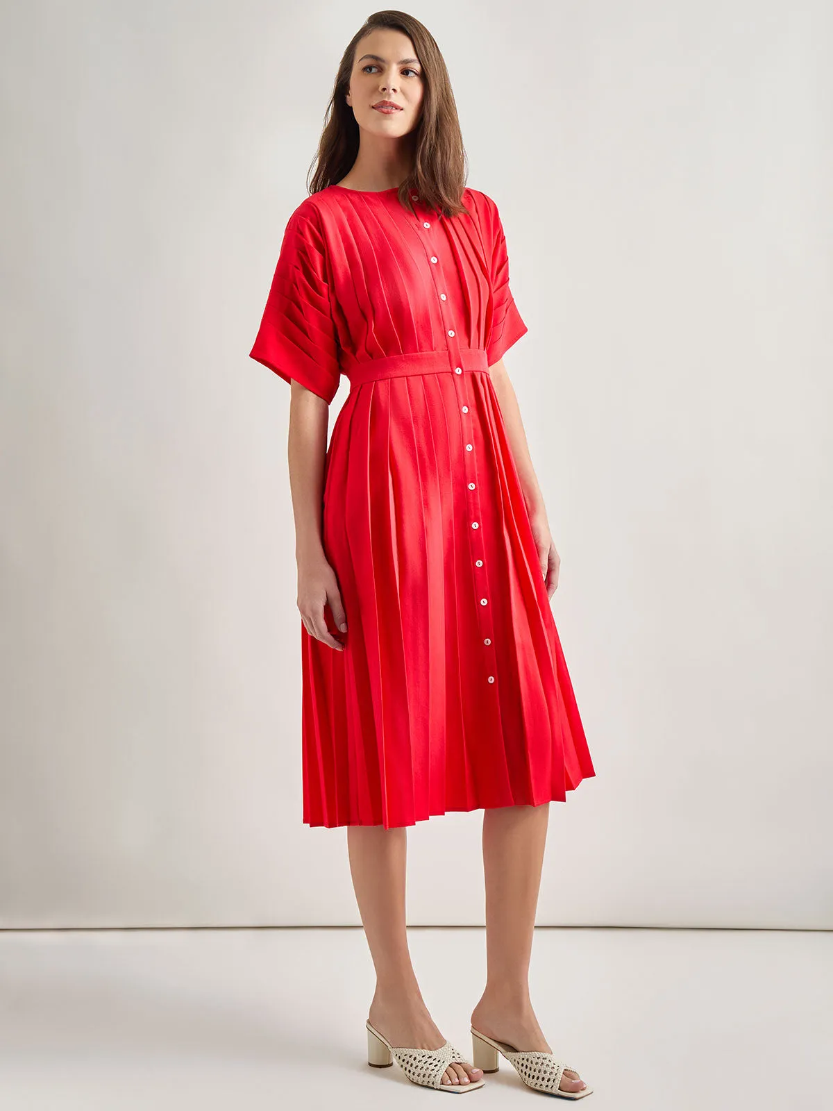 Midi Fit & Flare Dress - Hand Pleated Woven