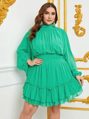 Plus Mock Neck Lantern Sleeves Ruffle Hem Chiffon Dress