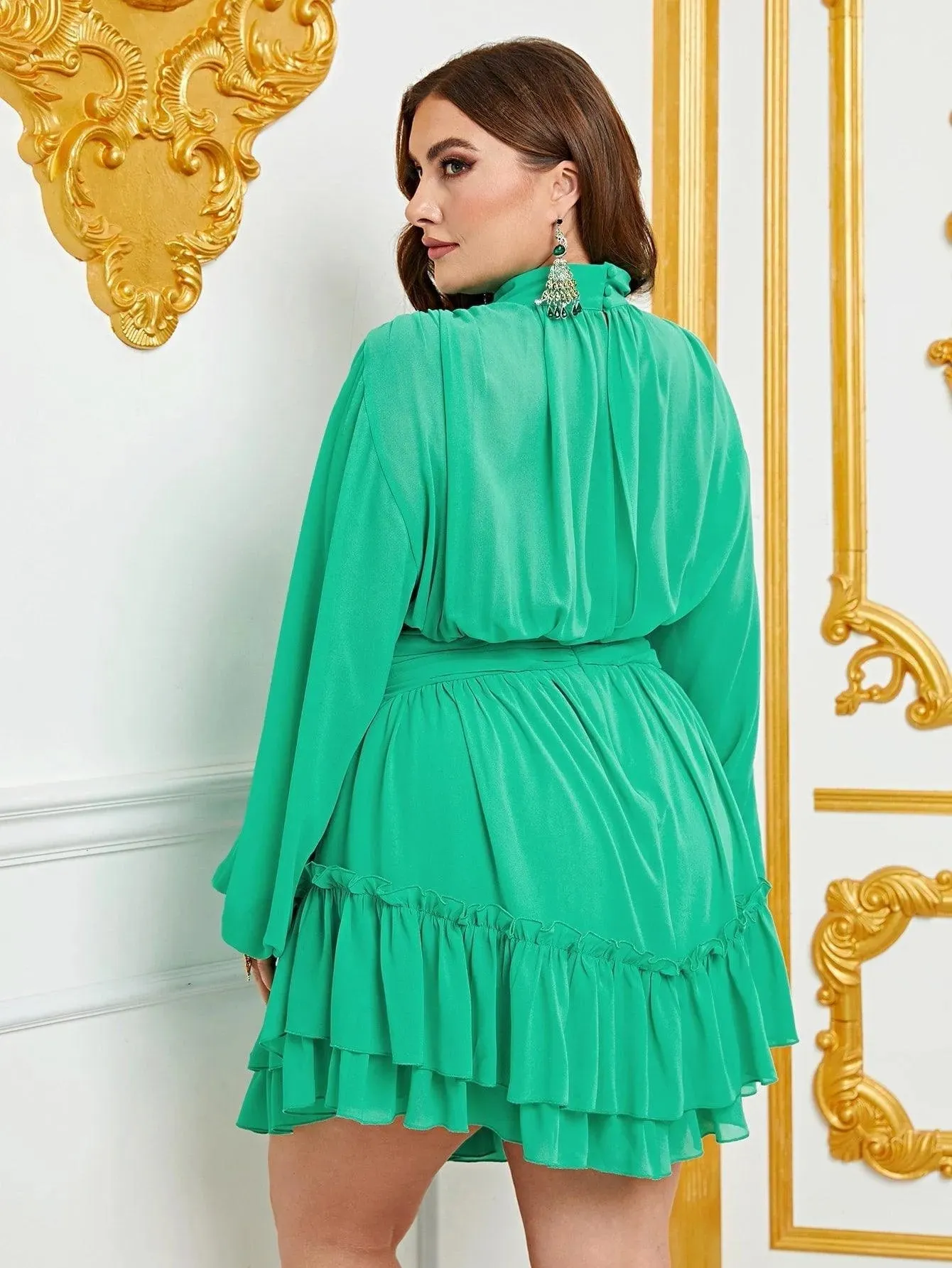 Plus Mock Neck Lantern Sleeves Ruffle Hem Chiffon Dress