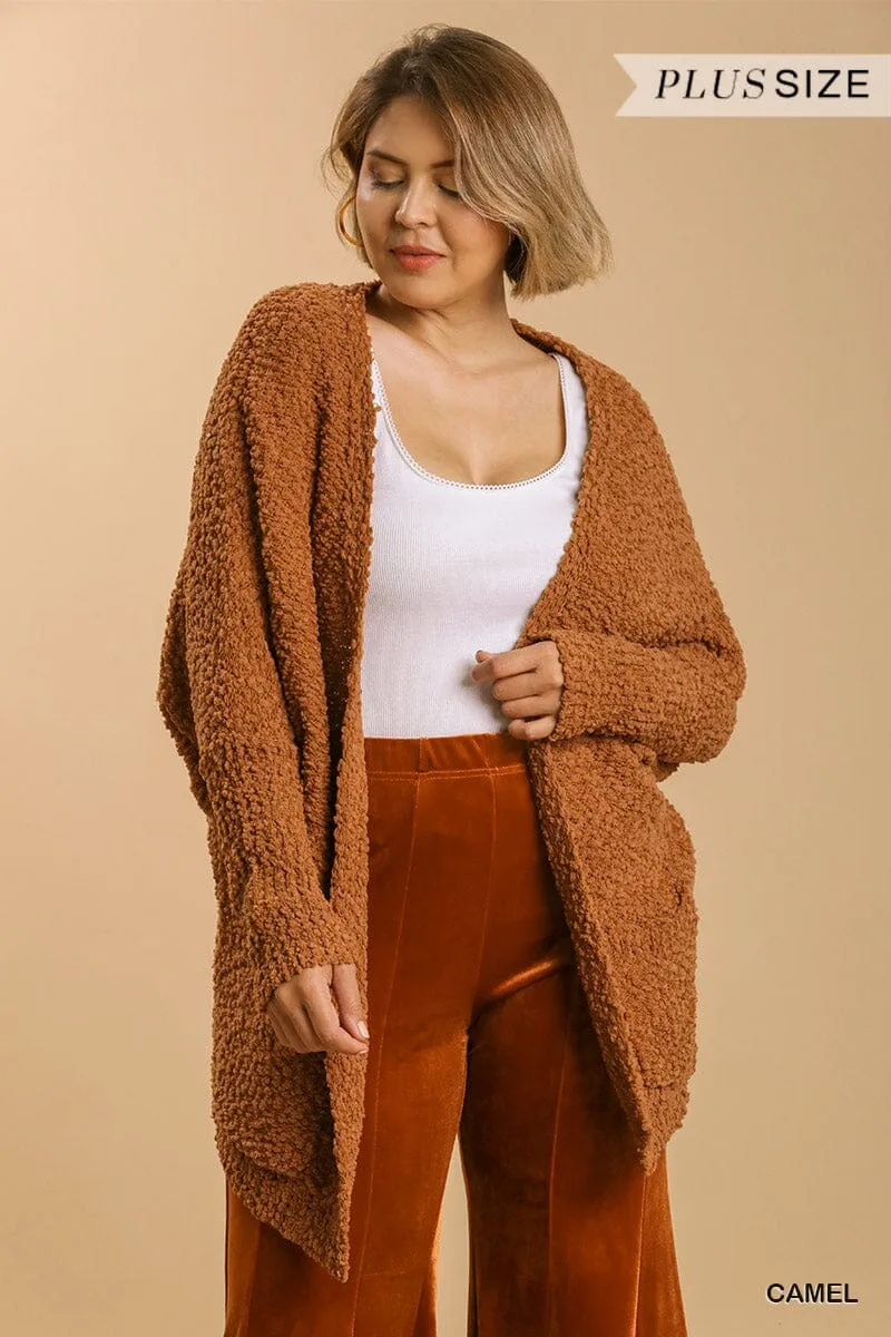 Plus Size Camel Brown Long Sleeve Cardigan Sweater Open Front Fall Outerwear with Pockets
