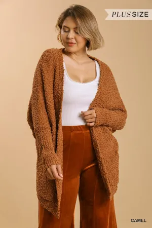 Plus Size Camel Brown Long Sleeve Cardigan Sweater Open Front Fall Outerwear with Pockets