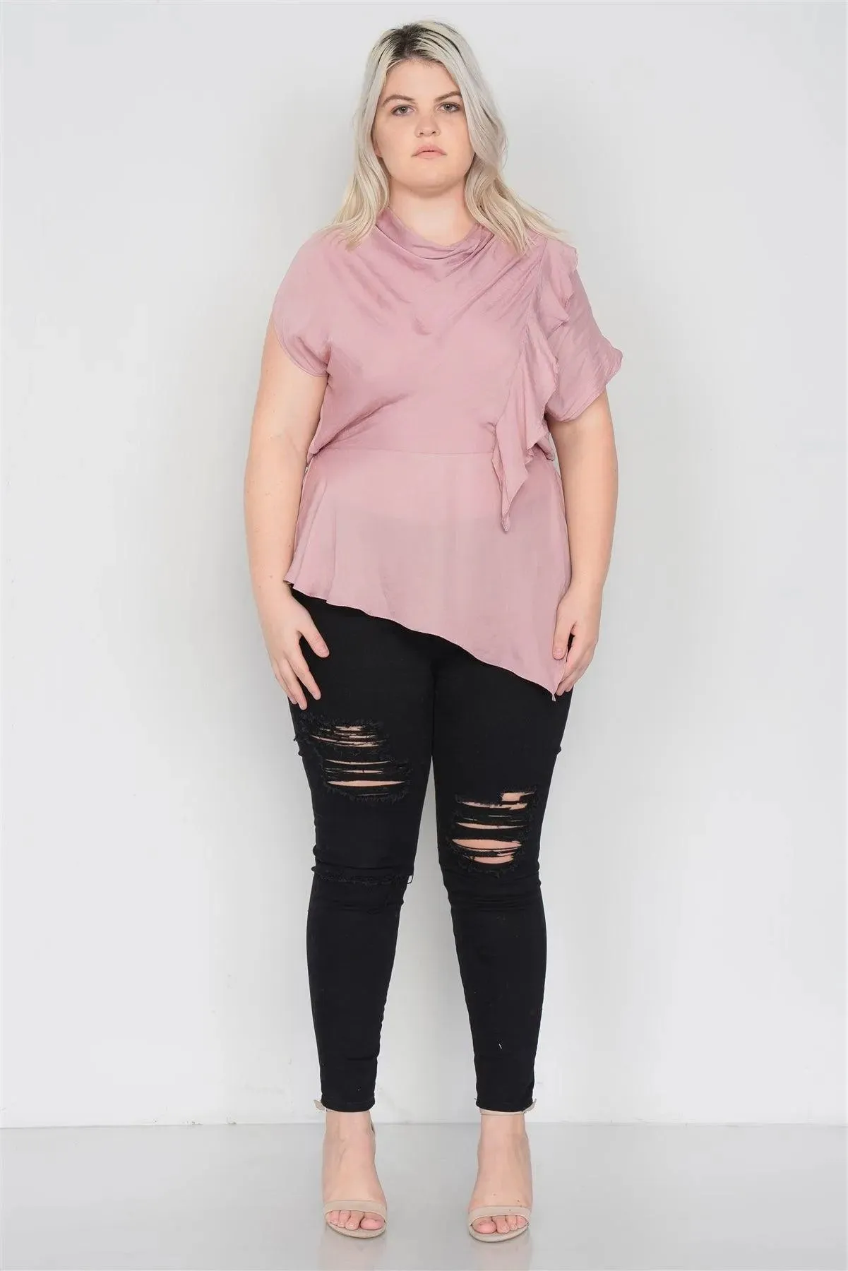 Plus Size Mauve Satin Handkerchief Hem Blouse