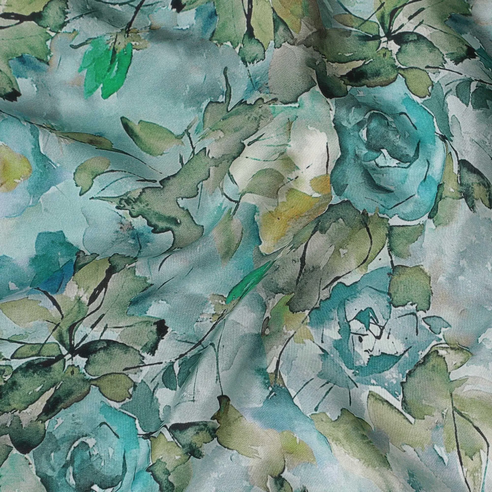 Powder blue viscose crepe fabric with multicolor print in floral design-D15645