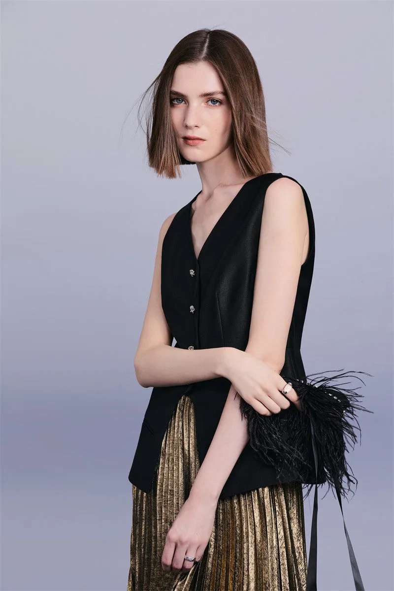 PURITY Luxury British style classic black vest lacquered dark gold pressed pleated skirt set- Lizzy