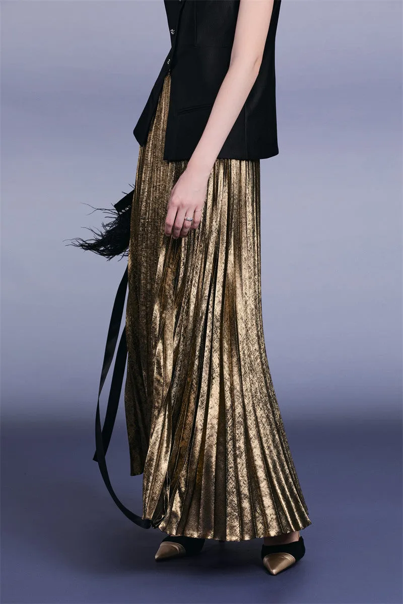 PURITY Luxury British style classic black vest lacquered dark gold pressed pleated skirt set- Lizzy