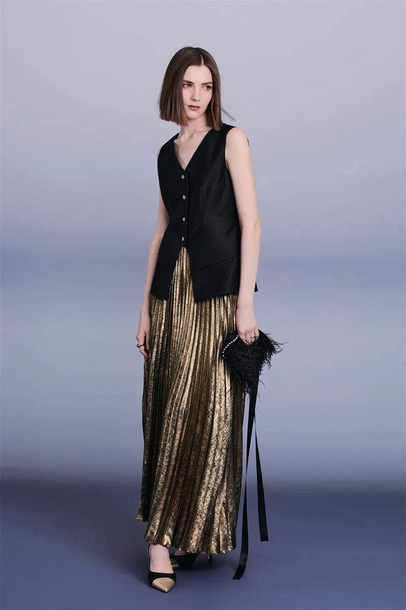 PURITY Luxury British style classic black vest lacquered dark gold pressed pleated skirt set- Lizzy