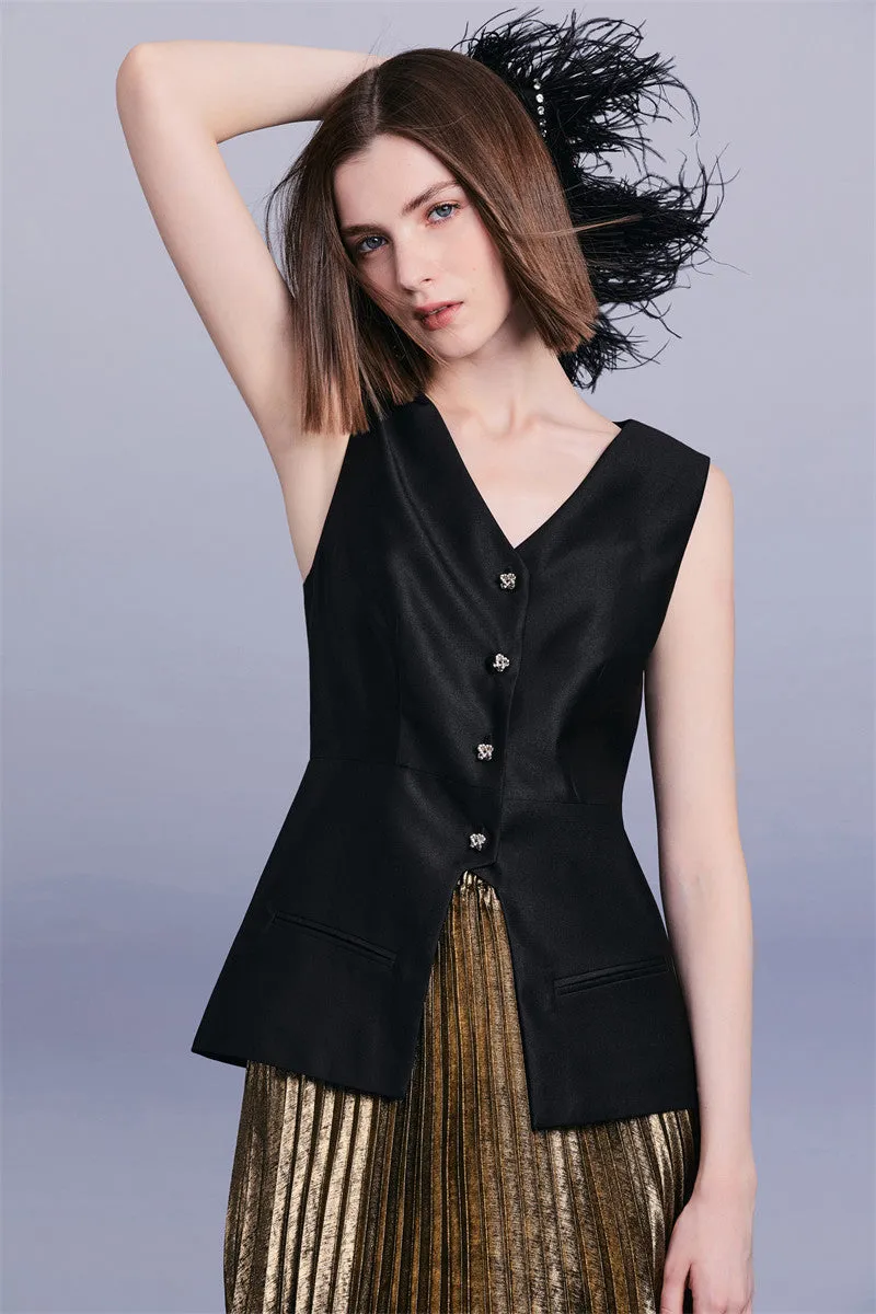 PURITY Luxury British style classic black vest lacquered dark gold pressed pleated skirt set- Lizzy
