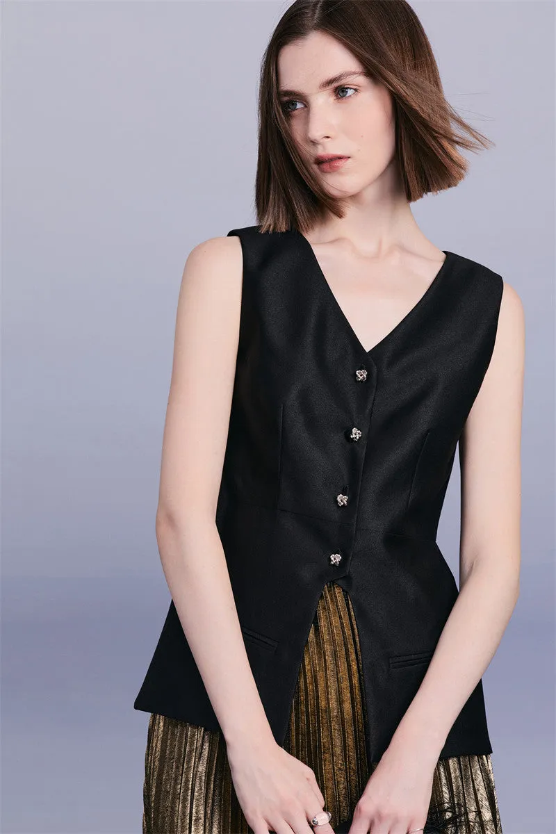 PURITY Luxury British style classic black vest lacquered dark gold pressed pleated skirt set- Lizzy