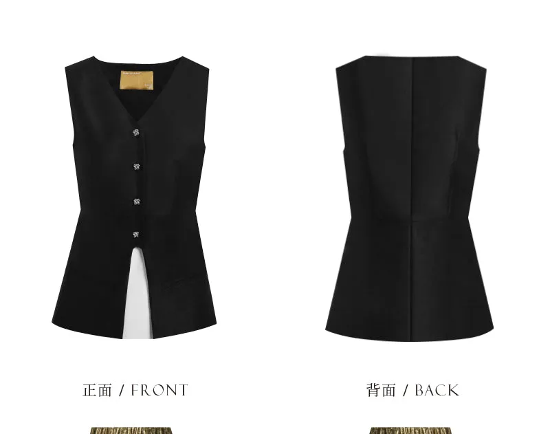 PURITY Luxury British style classic black vest lacquered dark gold pressed pleated skirt set- Lizzy