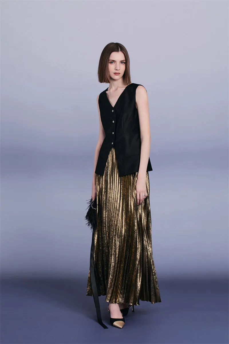 PURITY Luxury British style classic black vest lacquered dark gold pressed pleated skirt set- Lizzy