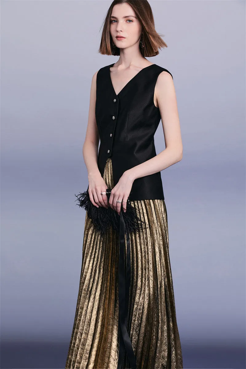PURITY Luxury British style classic black vest lacquered dark gold pressed pleated skirt set- Lizzy