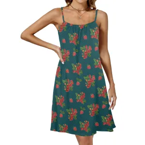 raspberry petals print 2 Drawstring Neck Sleeveless Dress (Model D68)