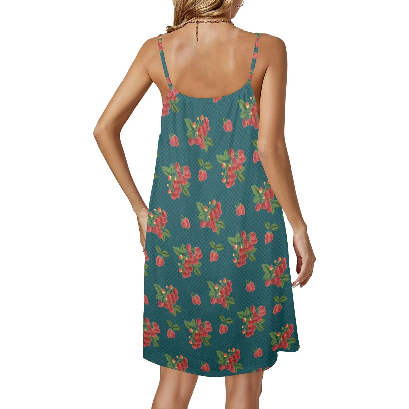 raspberry petals print 2 Drawstring Neck Sleeveless Dress (Model D68)