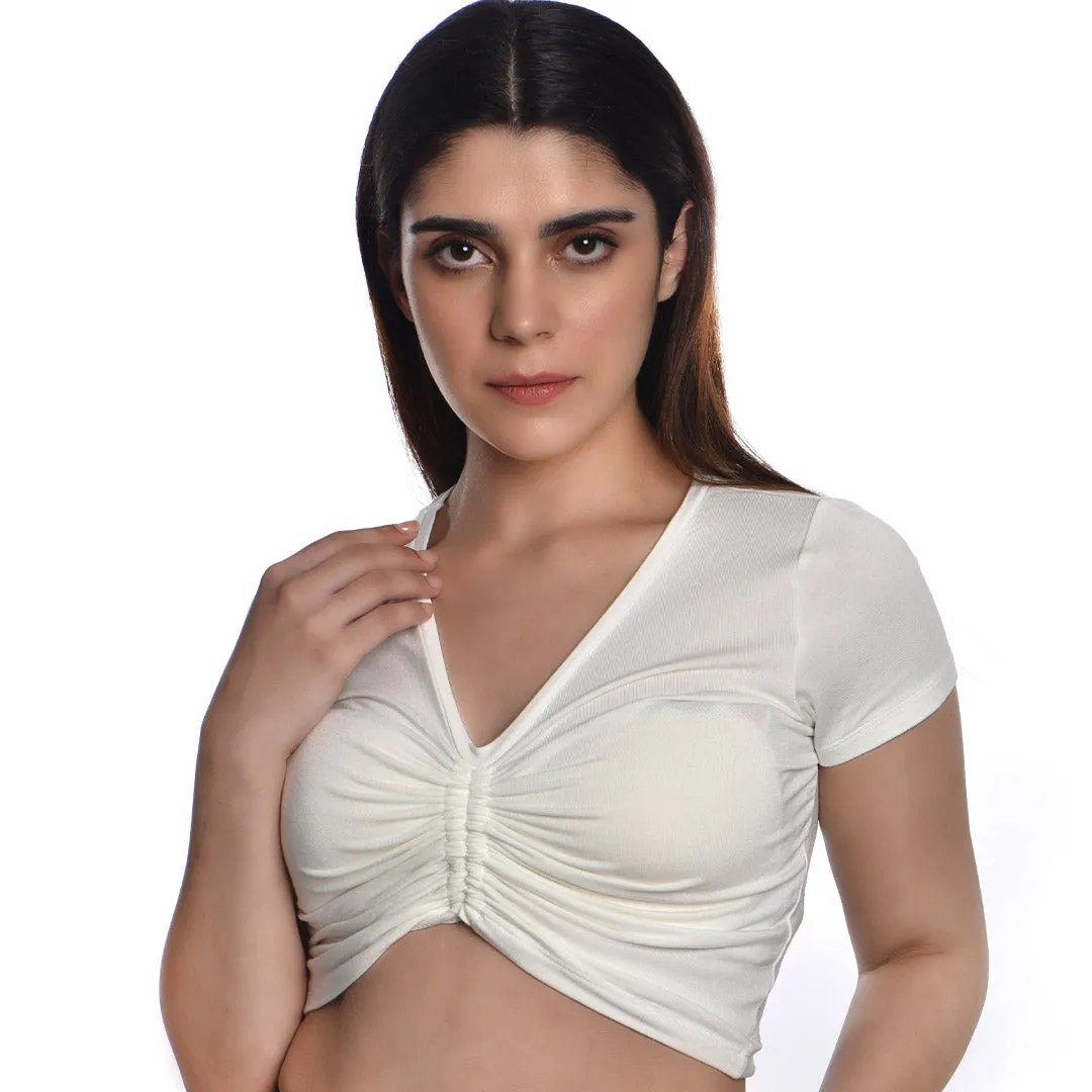 Rayon Ruched Drawstring Front V Neck Crop Top Style Blouse