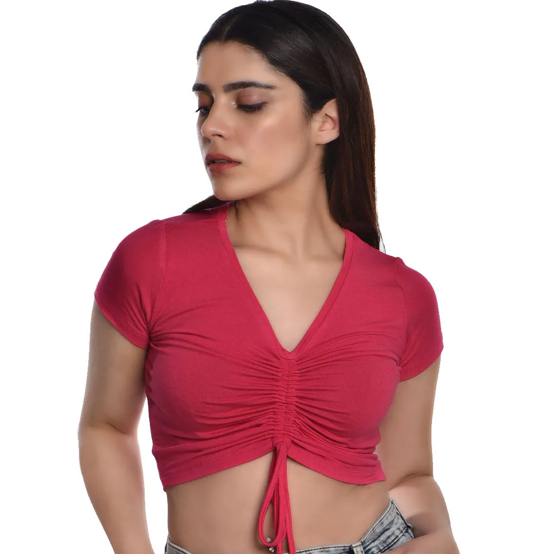 Rayon Ruched Drawstring Front V Neck Crop Top Style Blouse