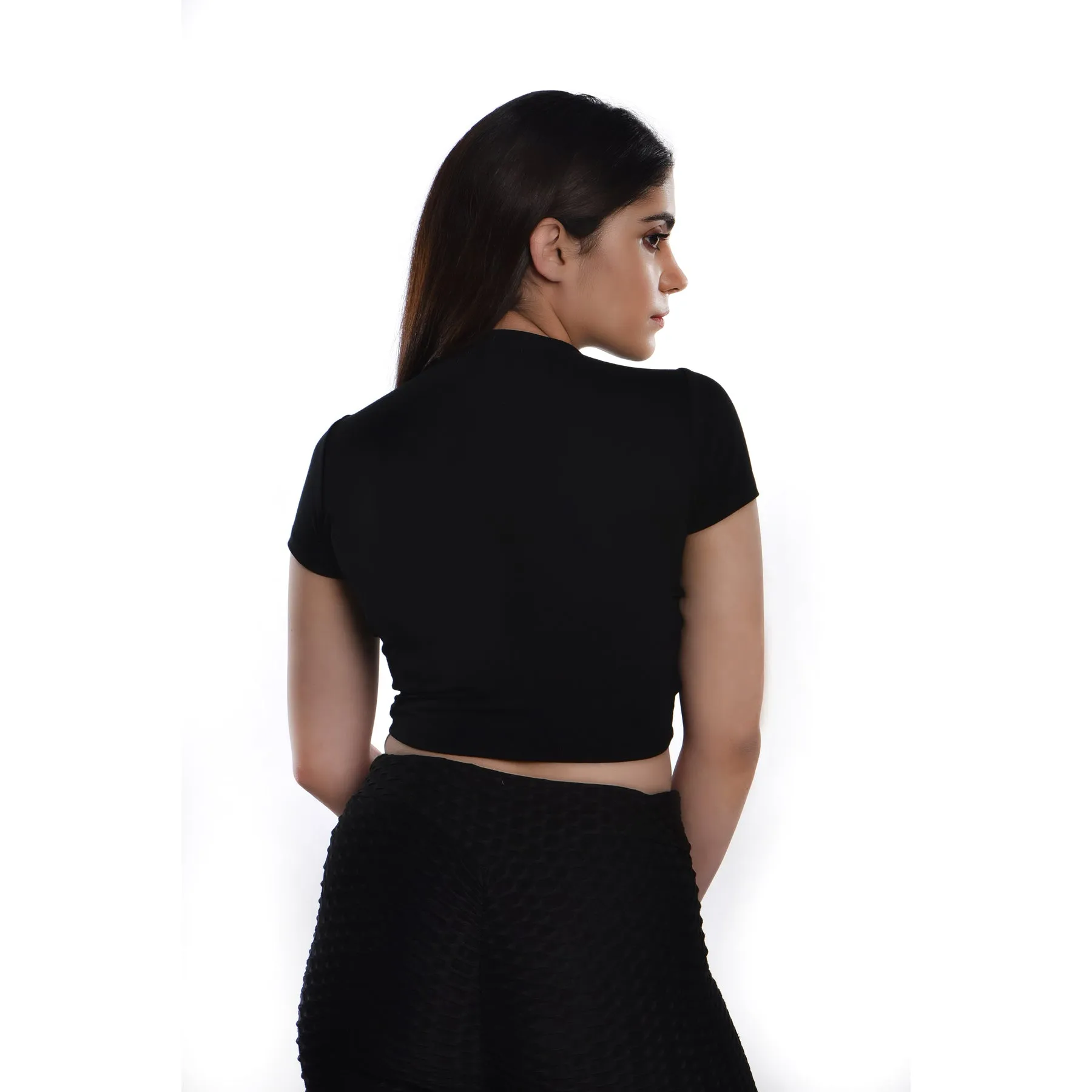 Rayon Ruched Drawstring Front V Neck Crop Top Style Blouse
