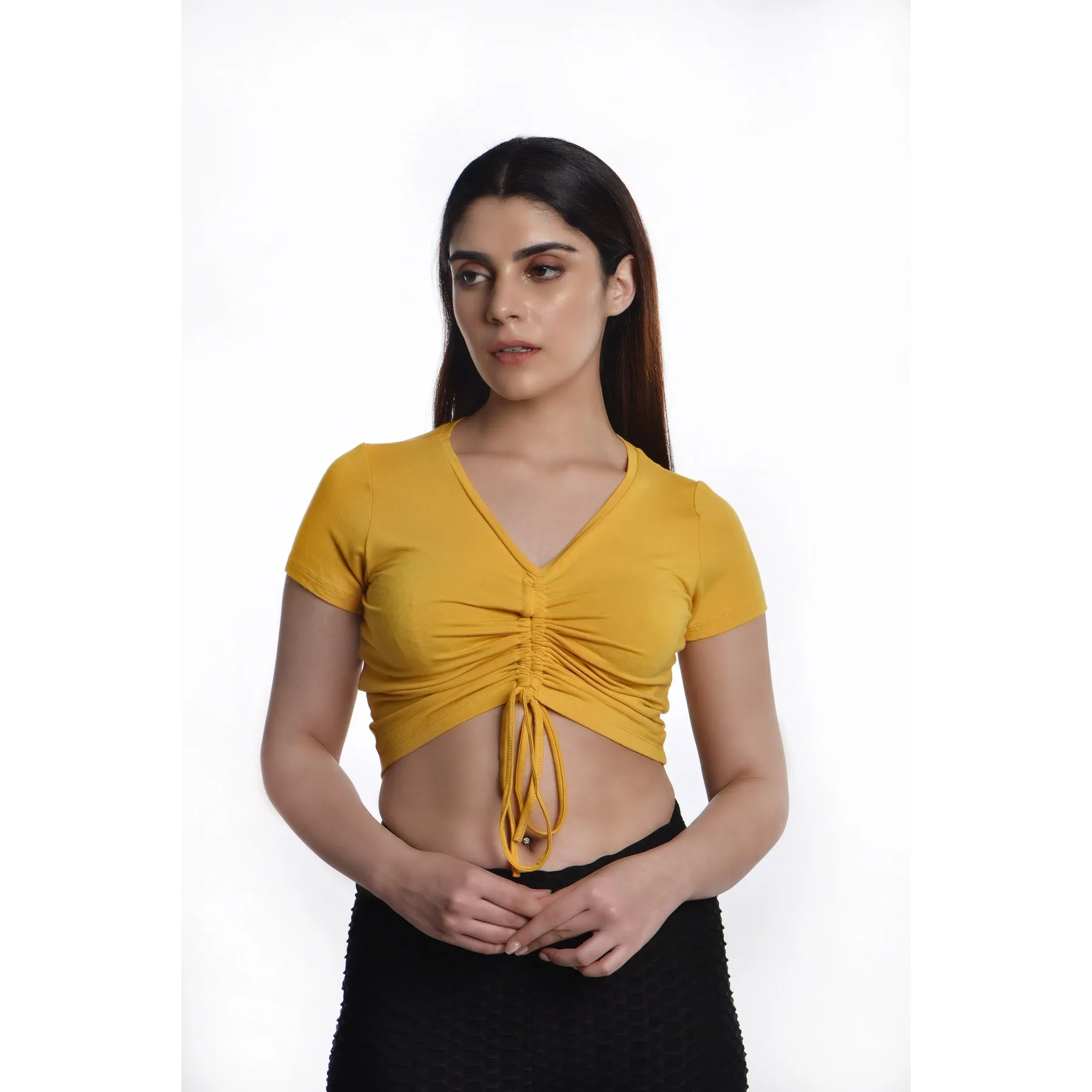 Rayon Ruched Drawstring Front V Neck Crop Top Style Blouse