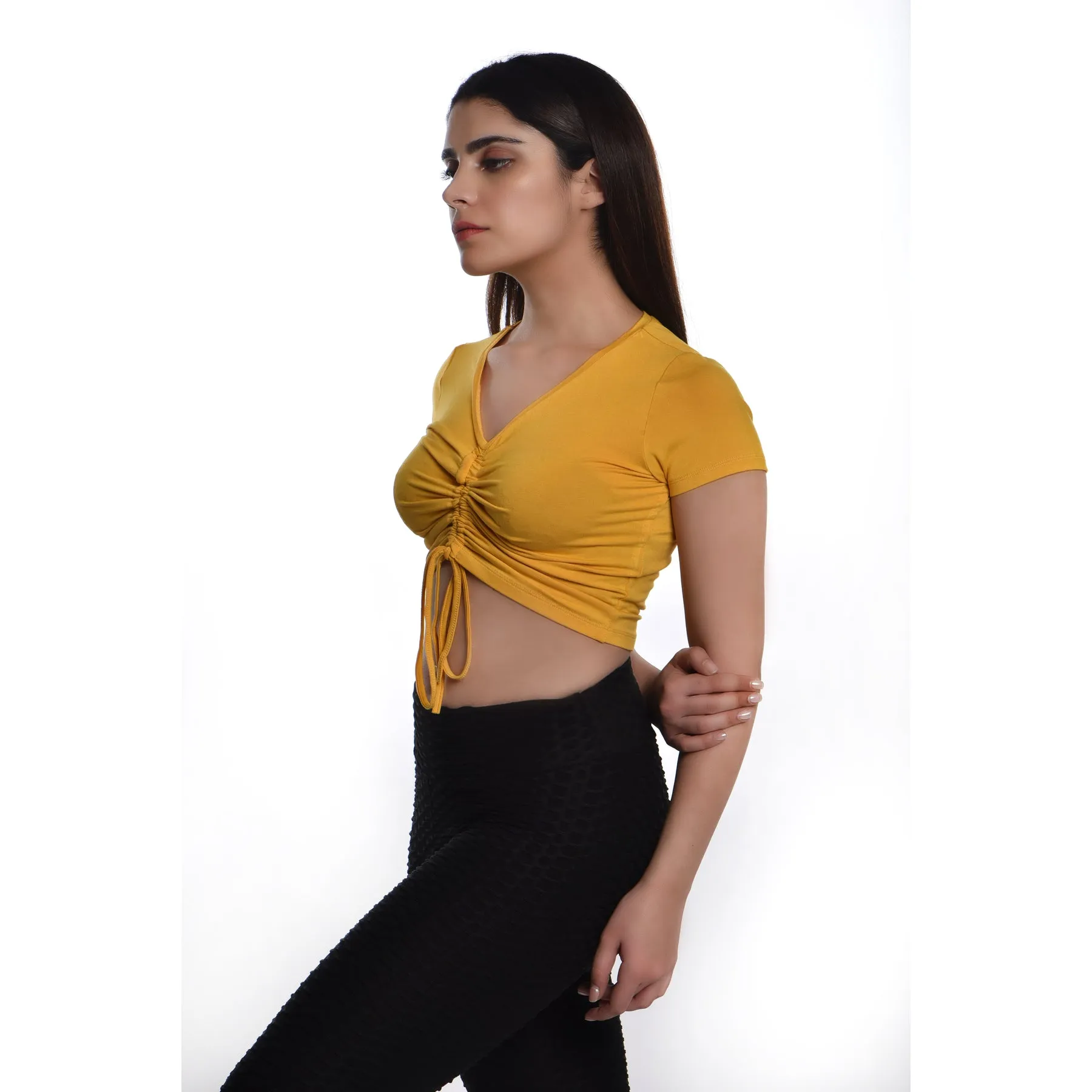 Rayon Ruched Drawstring Front V Neck Crop Top Style Blouse