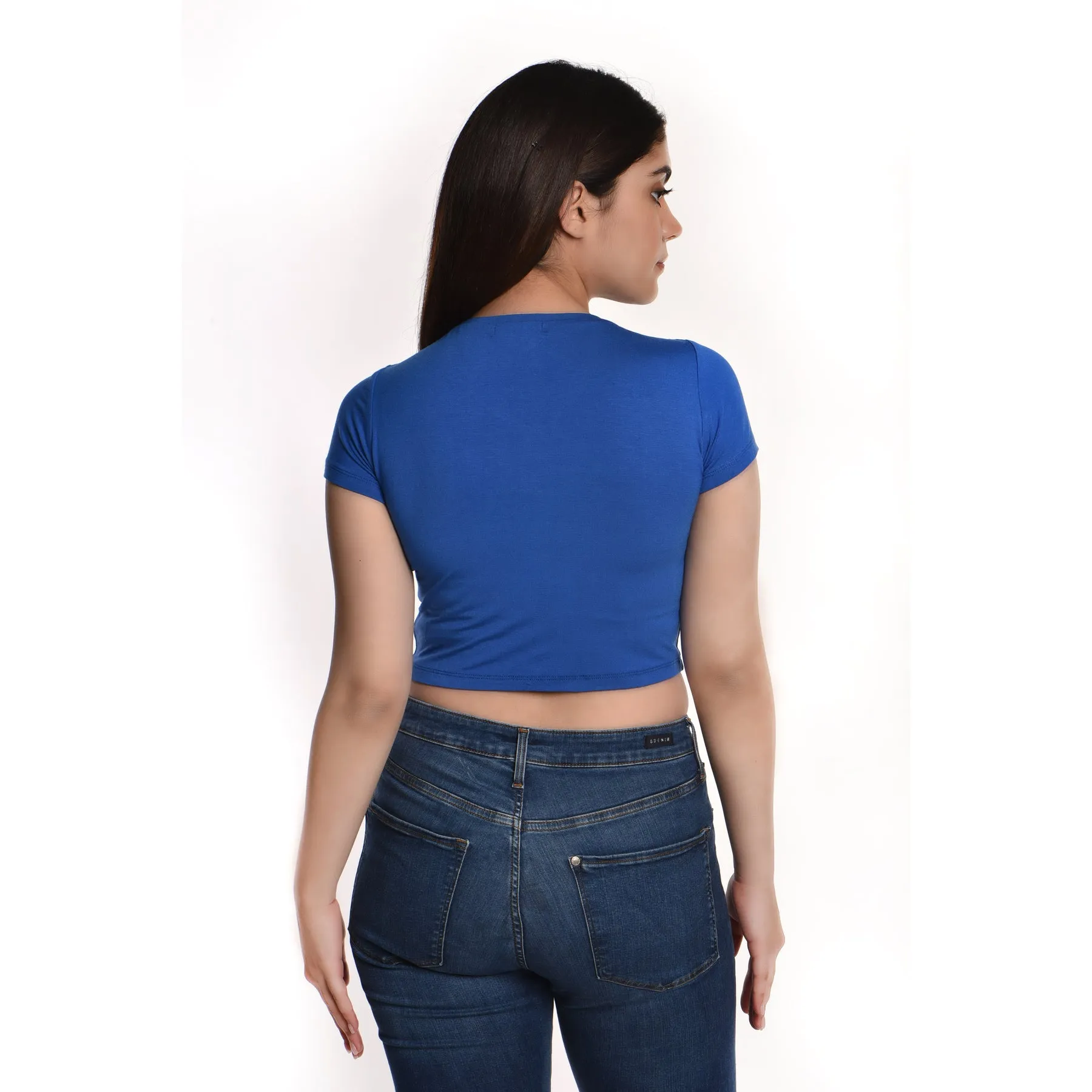 Rayon Ruched Drawstring Front V Neck Crop Top Style Blouse